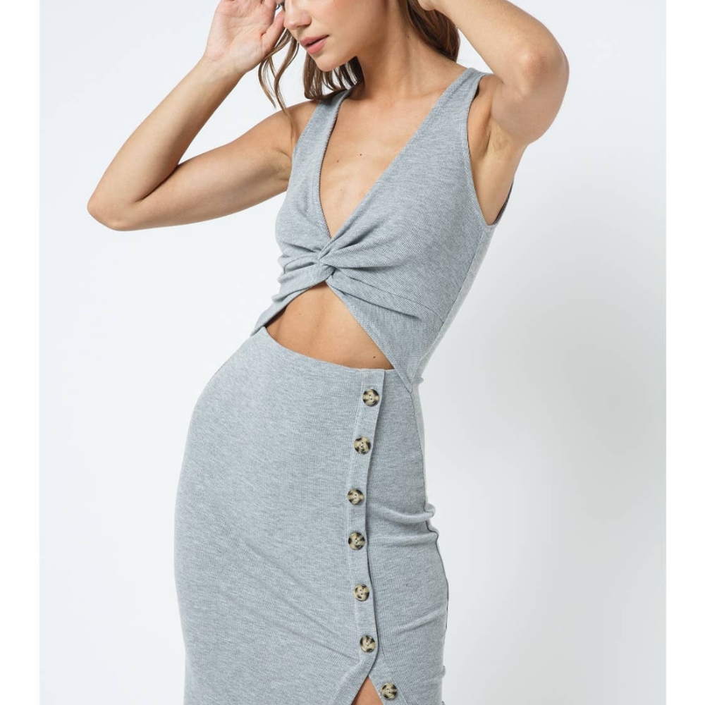Grey Ribbed Knit Cut Out Midi Dress